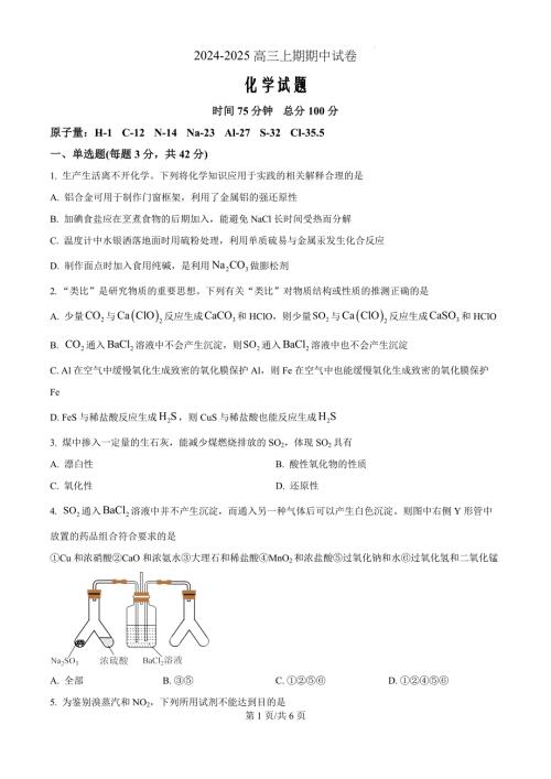 河南省周口市鹿邑县2024-2025学年高三上学期11月期中化学（原卷版）