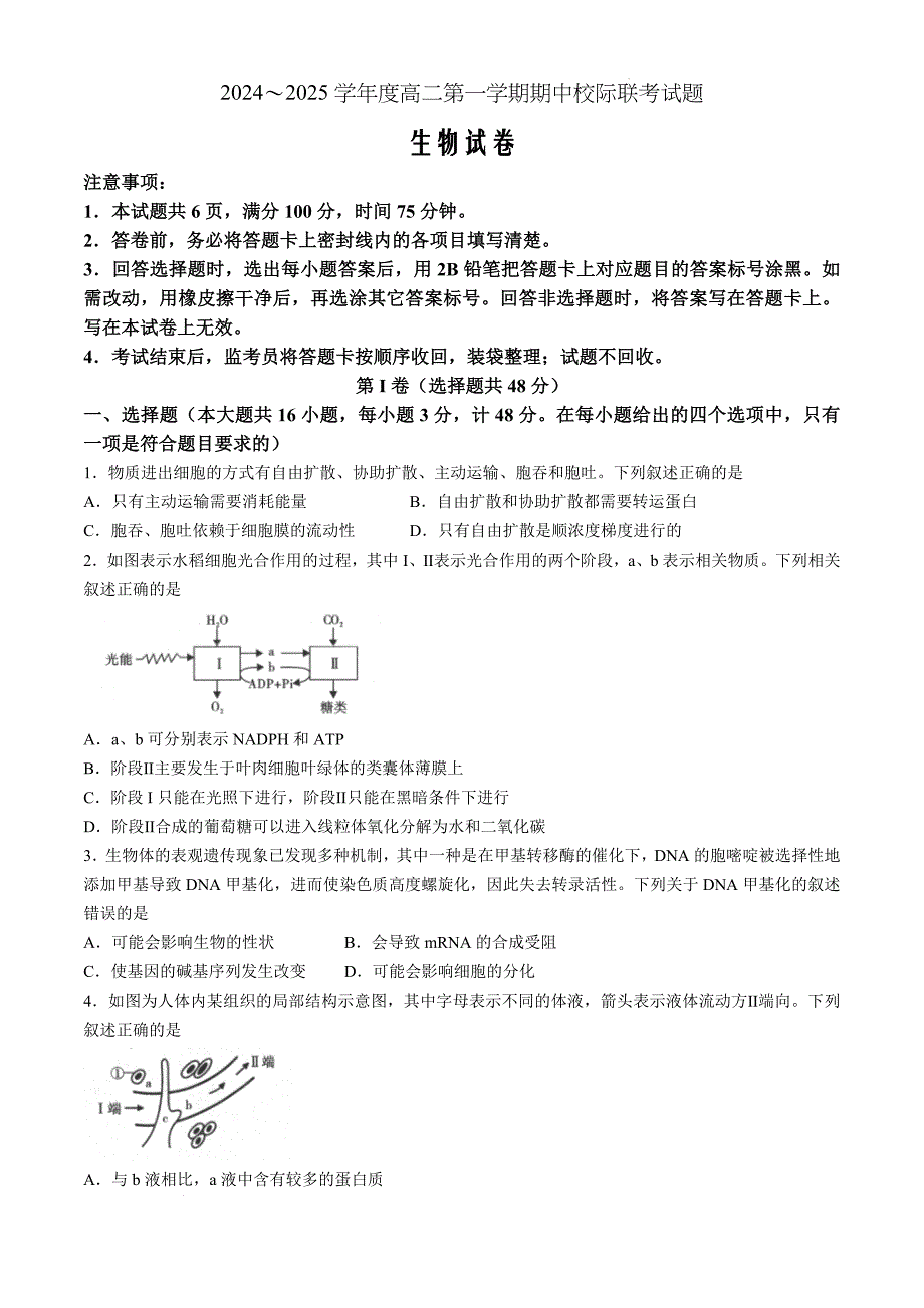 陕西省汉中市2024-2025学年高二上学期11月期中校际联考生物Word版_第1页