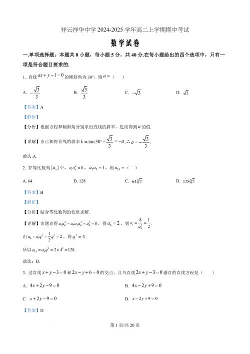 云南省大理白族自治州祥华中学等学校2024-2025学年高二上学期11月期中考试数学（解析版）