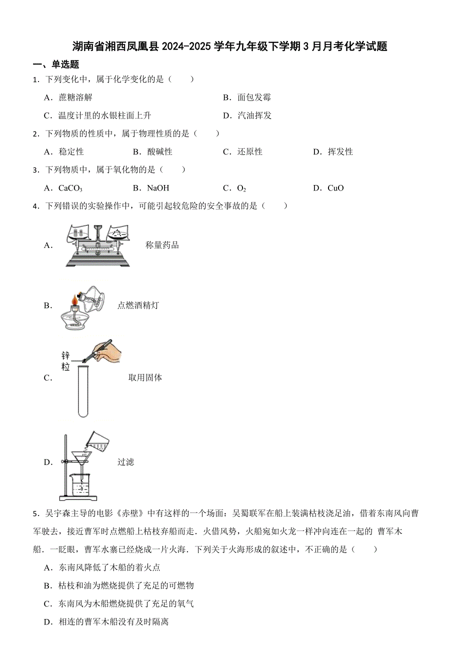 湖南省湘西凤凰县2024-2025学年九年级下学期3月月考化学试题_第1页