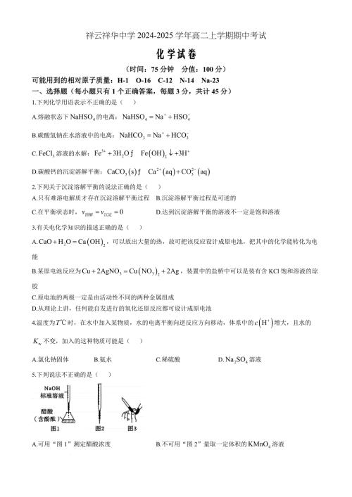 云南省大理白族自治州祥华中学联考2024-2025学年高二上学期11月期中化学Word版