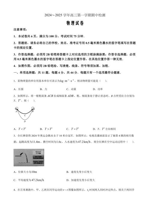 江苏省扬州市2024-2025学年高三上学期11月期中物理Word版