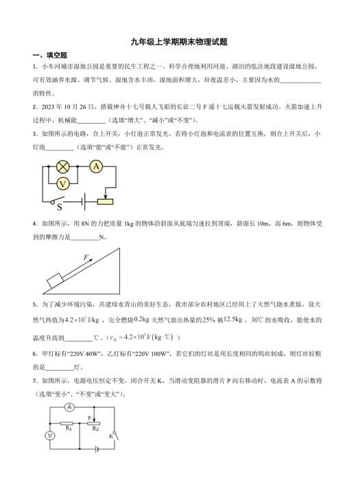 安徽省蕪湖市2024年九年級(jí)上學(xué)期期末物理試題含答案