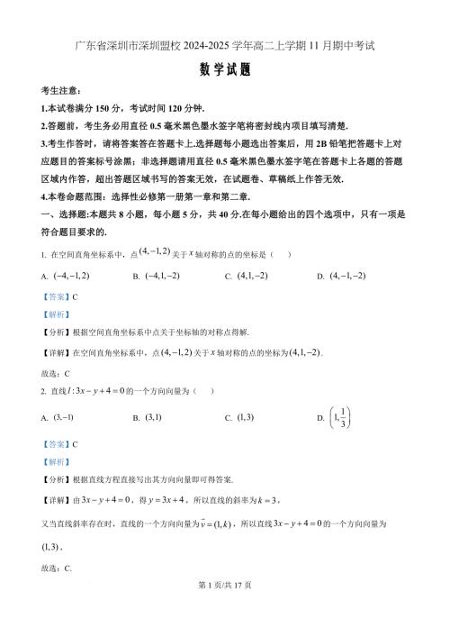 广东省深圳市深圳盟校2024-2025学年高二上学期11月期中考试数学（解析版）