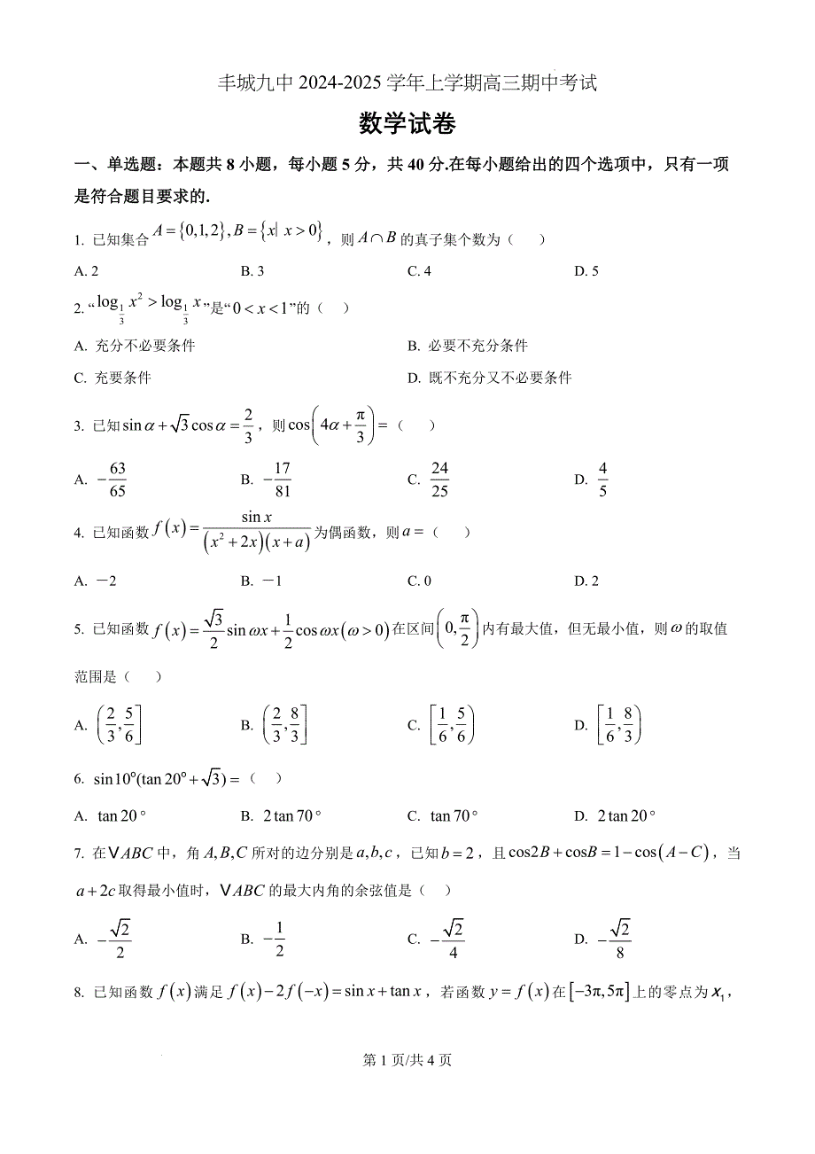 江西省宜春市丰城市第九中学2025届高三上学期11月期中考试数学（原卷版）_第1页