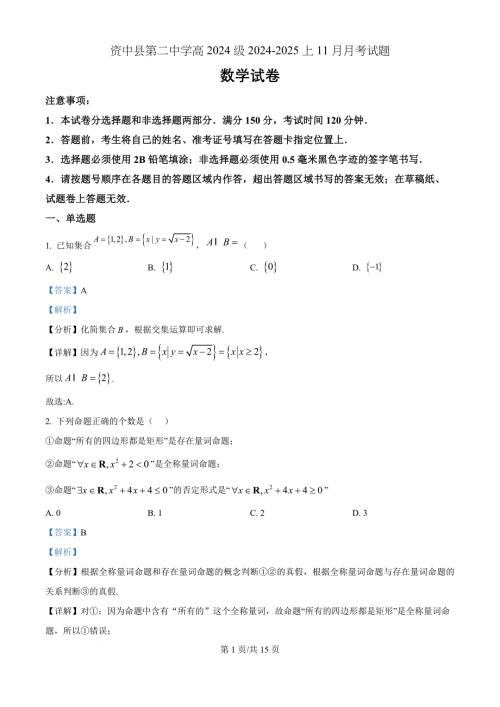 四川省内江市资中县第二中学2024-2025学年高一上学期11月期中考试数学（解析版）