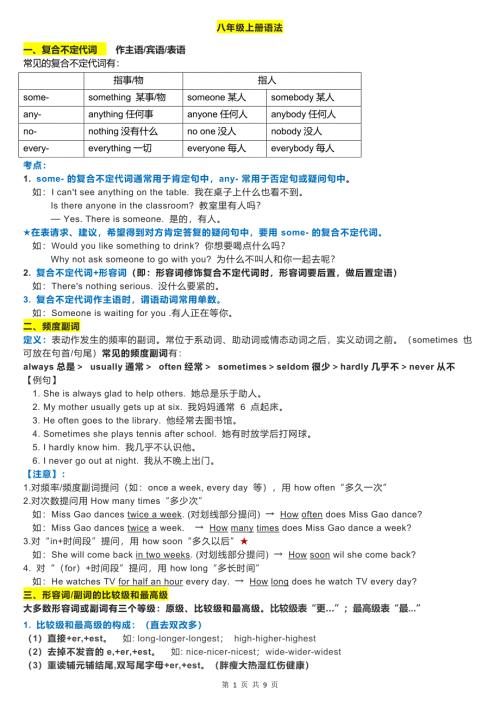 期末语法归纳+2023-2024学年人教版八年级英语上册