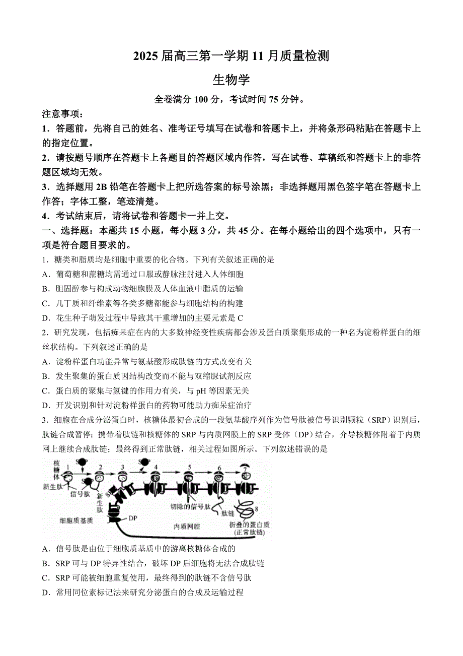 河南部分重点中学2024-2025学年高三上学期11月质量检测生物试题（含解析）_第1页