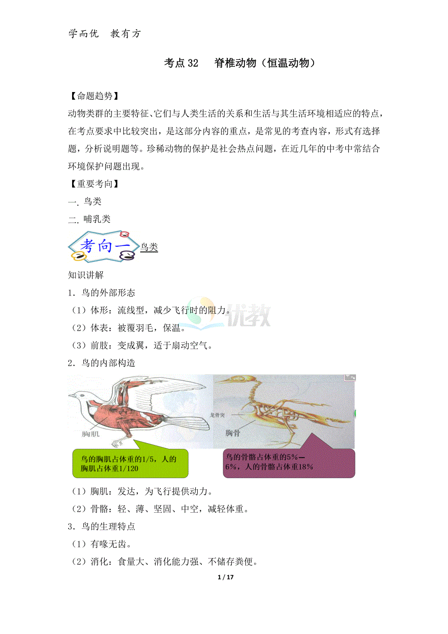 2022中考生物一轮复习《考点32 脊椎动物（恒温动物）》考点帮_第1页
