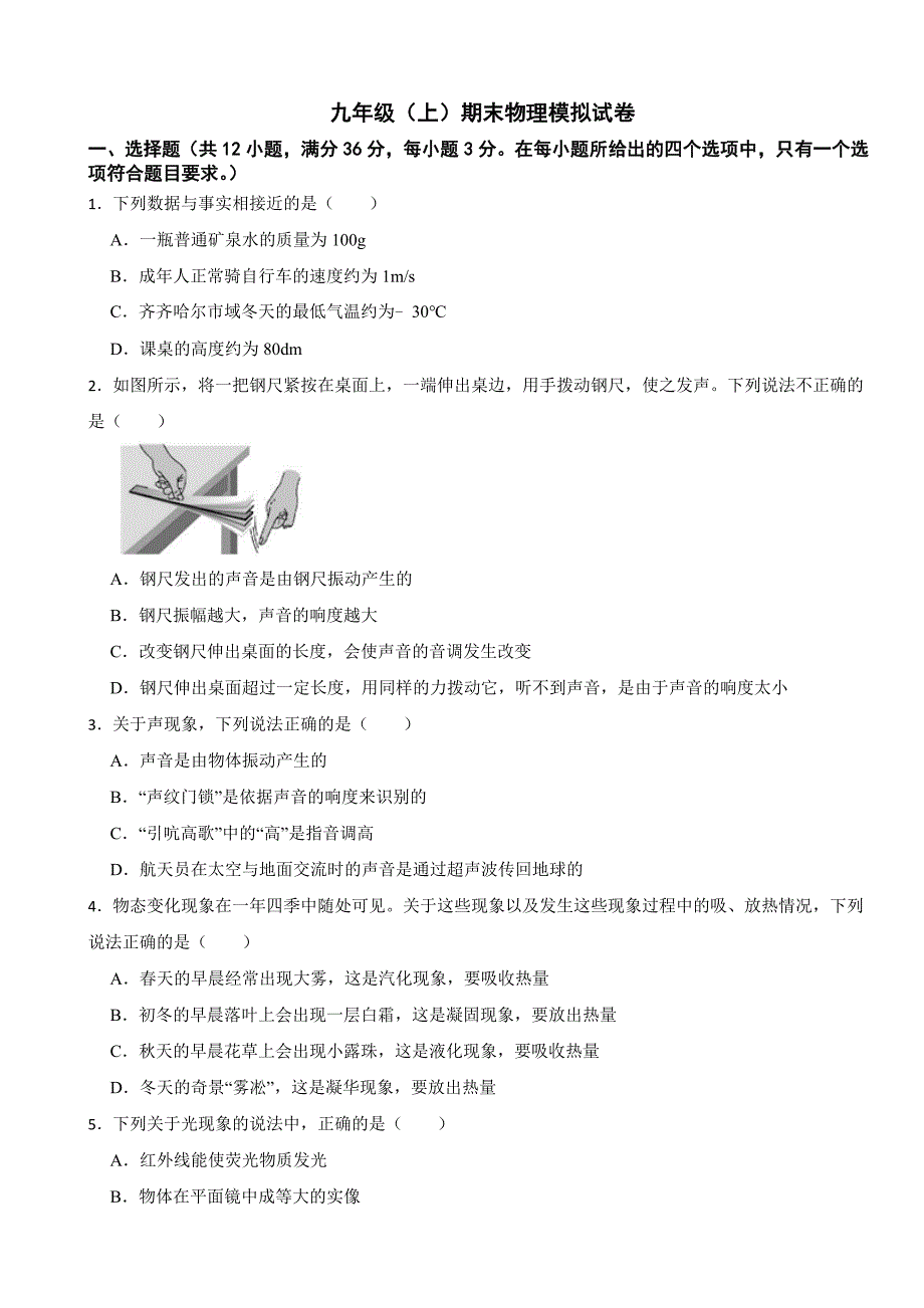 山东省德州市2024年五中九年级（上）期末物理模拟试卷附参考答案_第1页