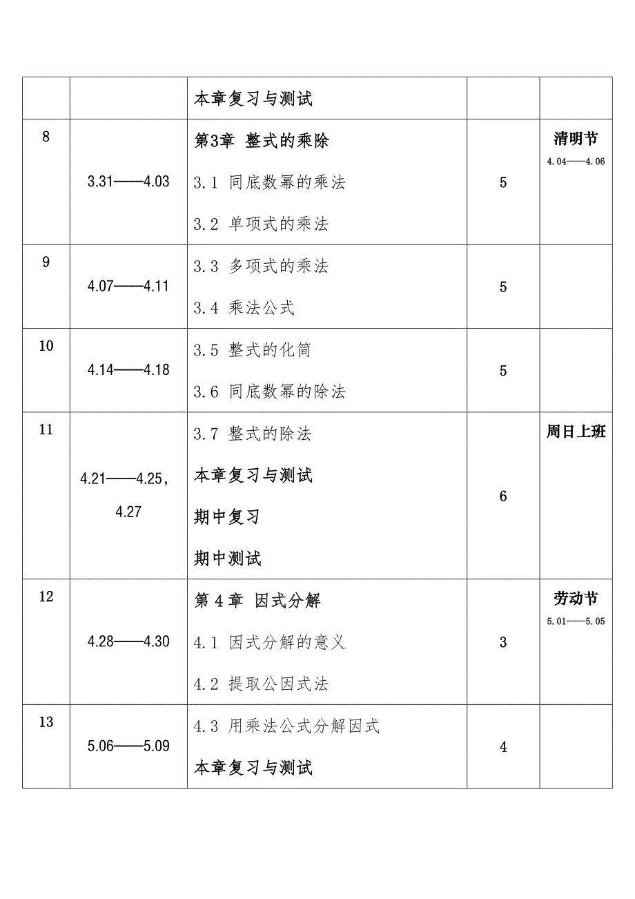 2025年春学期浙教版初中数学七年级下册教学进度表_第2页