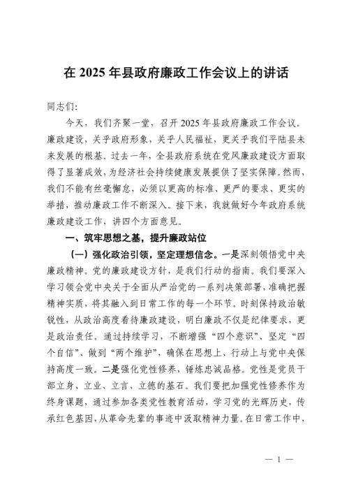 在2025年县政府廉政工作会议上的讲话