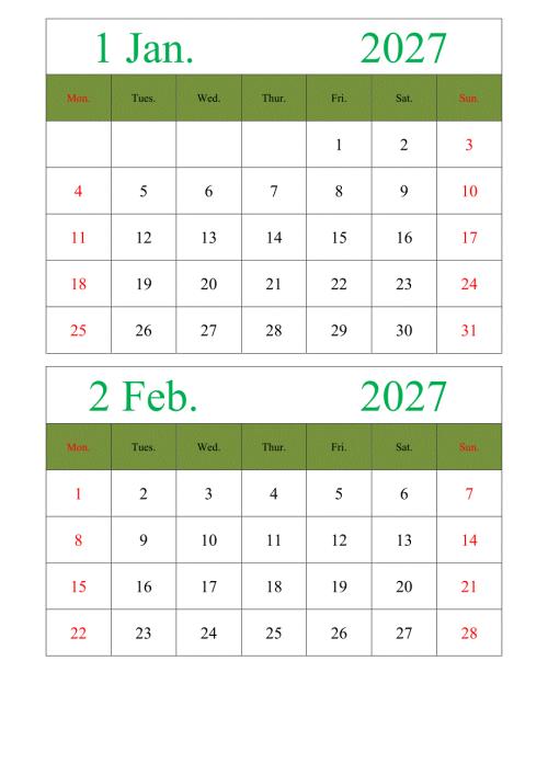 2027年日历表英文版纵向排版带节假日