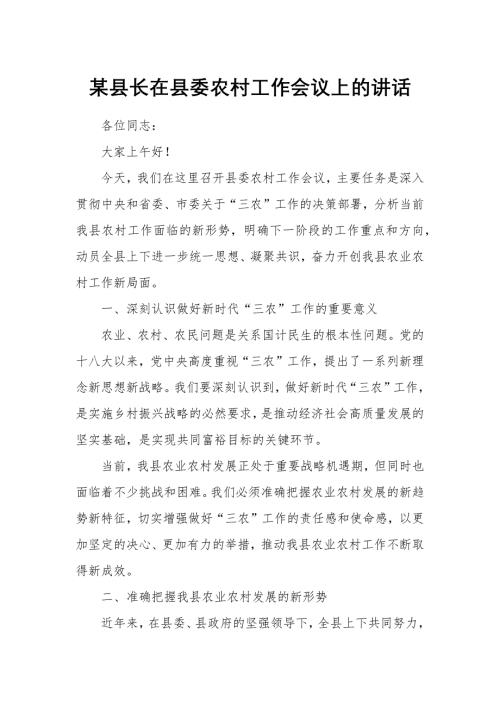 某县长在县委农村工作会议上的讲话