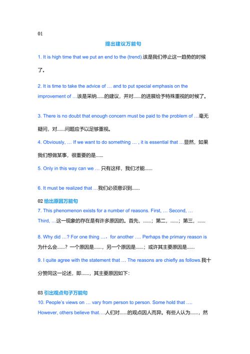 高中英语考试60个写作万能句