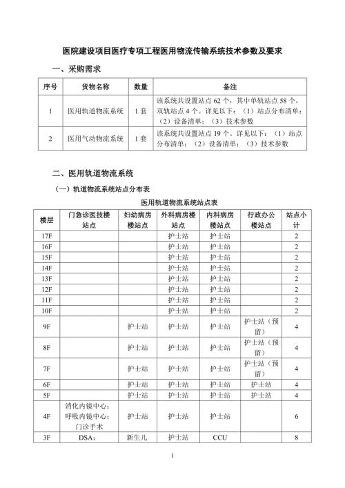 医院建设项目医疗专项工程医用物流传输系统技术参数及要求