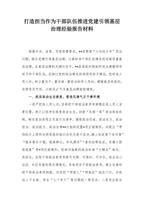 打造担当作为干部队伍推进党建引领基层治理经验报告材料