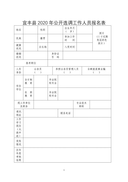 宜丰县2020年公开选调工作人员报名表