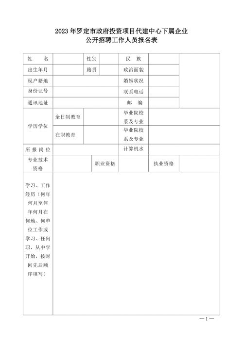 罗定市供水集团有限公司公开招聘吸排水专业人员报名表