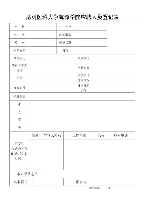 昆明医学院海源学院应聘人员登记表