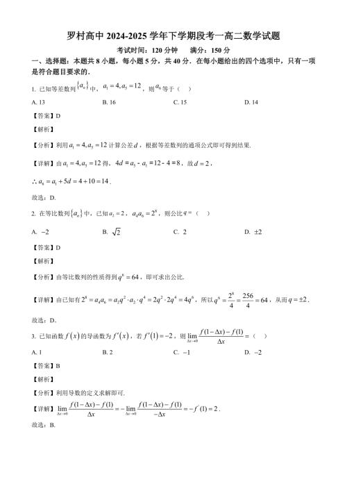 广东省佛山市南海区罗村高级中学2024-2025学年高二下学期3月月考 数学试题（含解析）