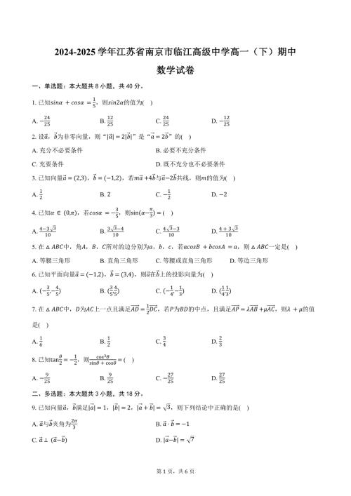 2024-2025学年江苏省南京市临江高级中学高一（下）期中数学试卷（含答案）