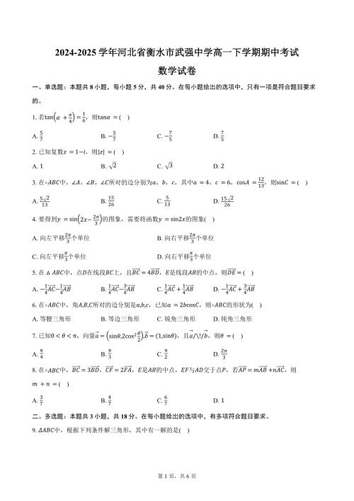 2024-2025学年河北省衡水市武强中学高一下学期期中考试数学试卷（含答案）