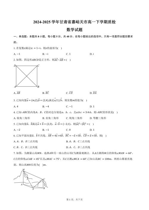 2024-2025学年甘肃省嘉峪关市高一下学期质检数学试题（含答案）