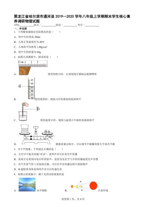 黑龙江省哈尔滨市通河县2019--2020学年八年级上学期期末学生核心素养调研物理试题（含答案）