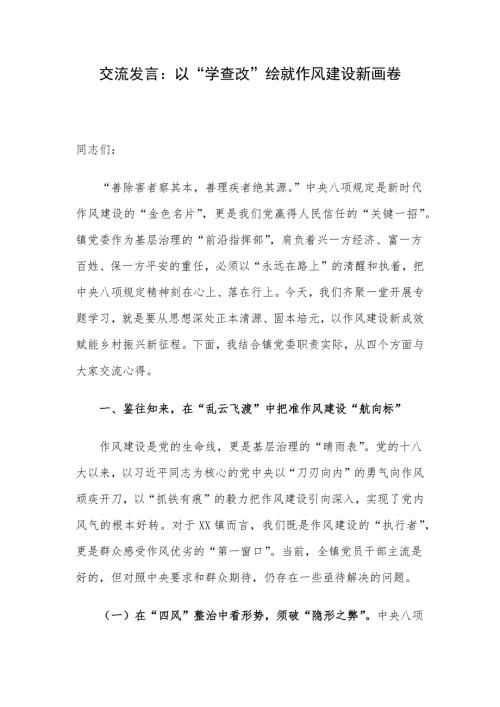 交流发言：以“学查改”绘就作风建设新画卷