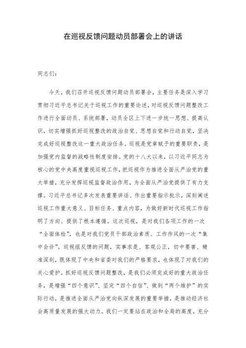 在巡视反馈问题动员部署会上的讲话