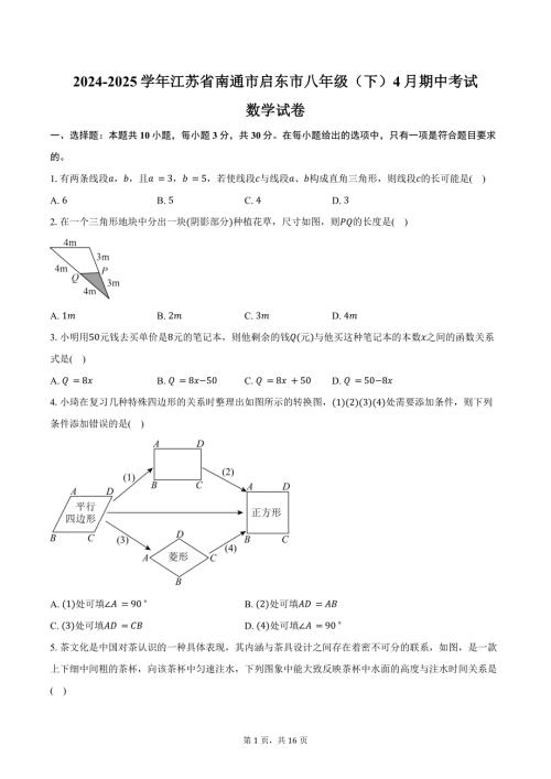 2024-2025学年江苏省南通市启东市八年级（下）4月期中考试数学试卷（含答案）
