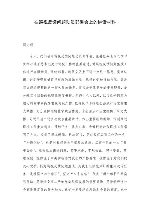 在巡视反馈问题动员部署会上的讲话材料