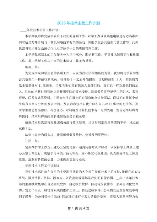 2025年技术主管工作计划