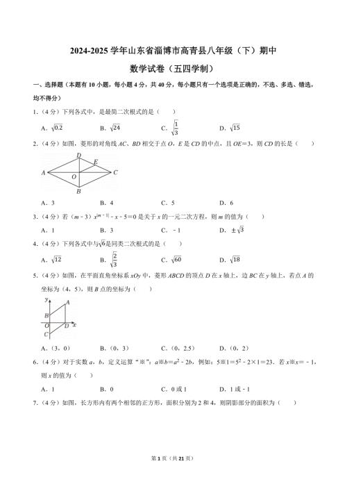 2024-2025学年山东省淄博市高青县八年级（下）期中数学试卷（五四学制）