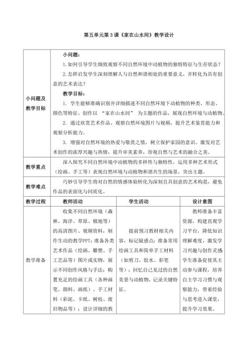 人美版一年级下册《家在山水间》教学设计