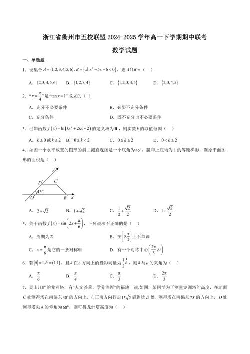 浙江省衢州市五校联盟2024-2025学年高一下学期期中考试 数学含解析