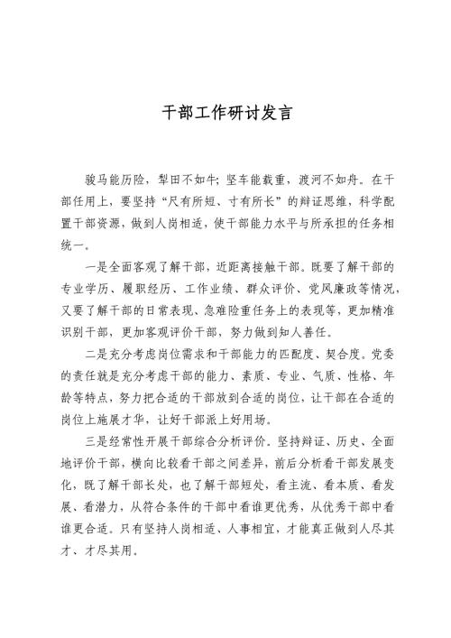 干部工作研讨发言
