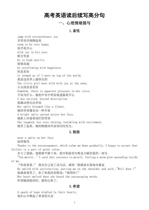 高中英语2025届高考读后续写心理情绪描写和主题升华高分句