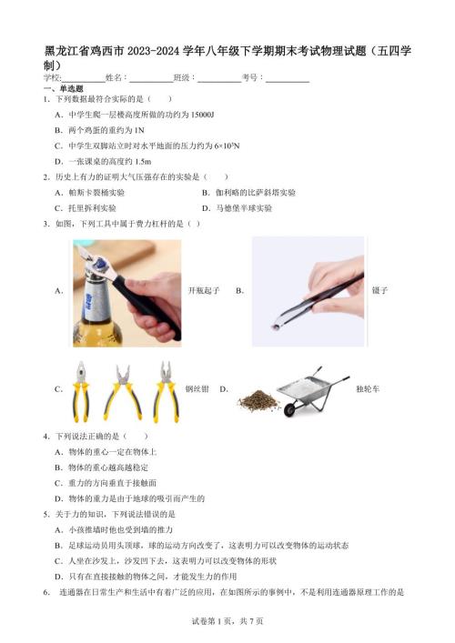 黑龙江省鸡西市2023-2024学年八年级下学期期末考试物理试题（五四学制）【含答案解析】