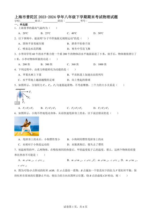 上海市普陀区2023-2024学年八年级下学期期末考试物理试题【含答案解析】