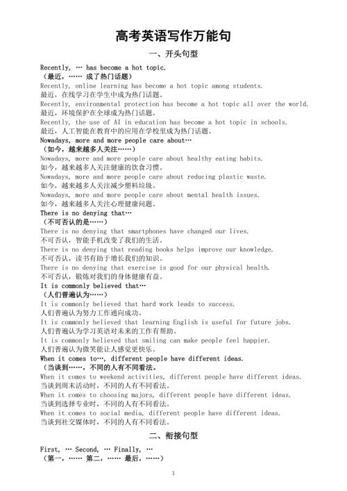 高中英语2025届高考写作万能句（开头+衔接+举例+让步与反驳+结尾+谚语）