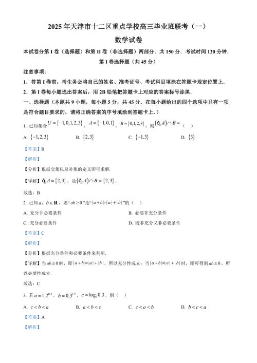 天津市十二区重点学校2024-2025学年高三下学期联考（一）数学试题含解析
