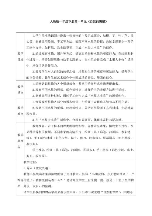人教版美术一年级下册《自然的馈赠》教案