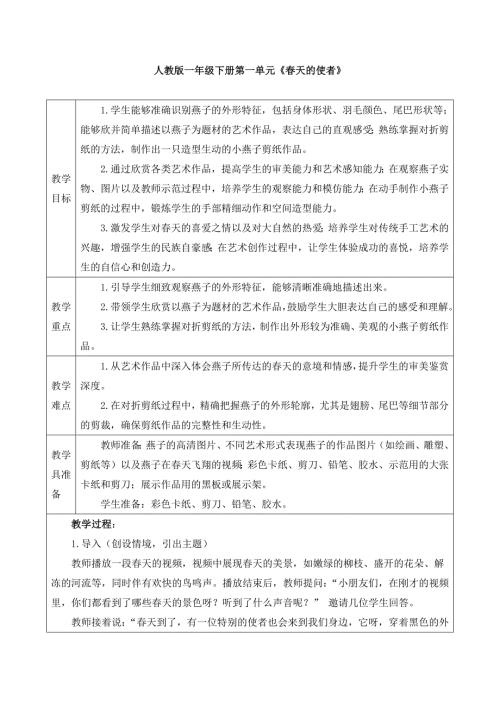 人教版美术一年级下册《春天的使者》教案