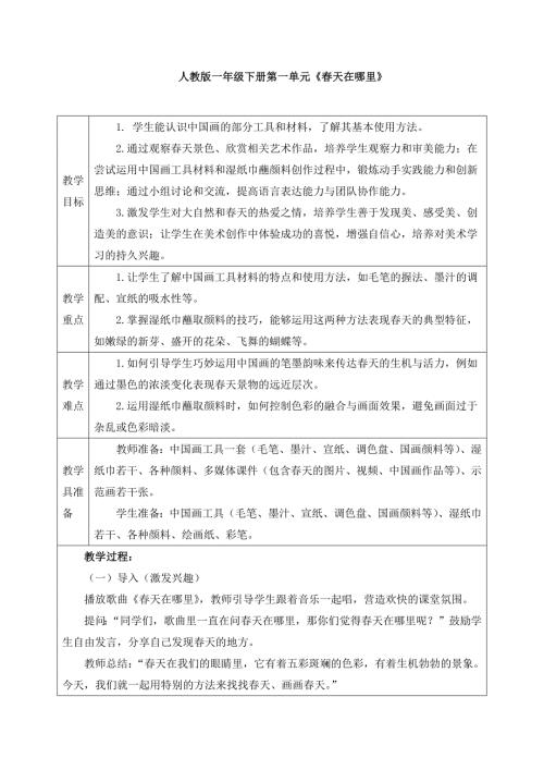 人教版美术一年级下册《春天在哪里》教案
